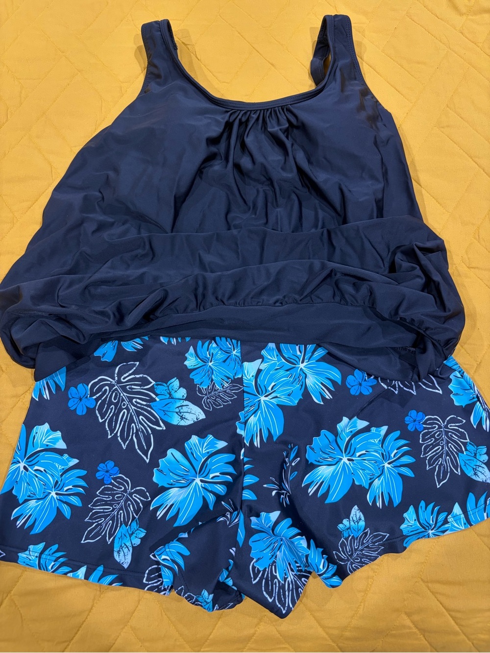 Black Tankini Set with Blue Floral Print Shorts